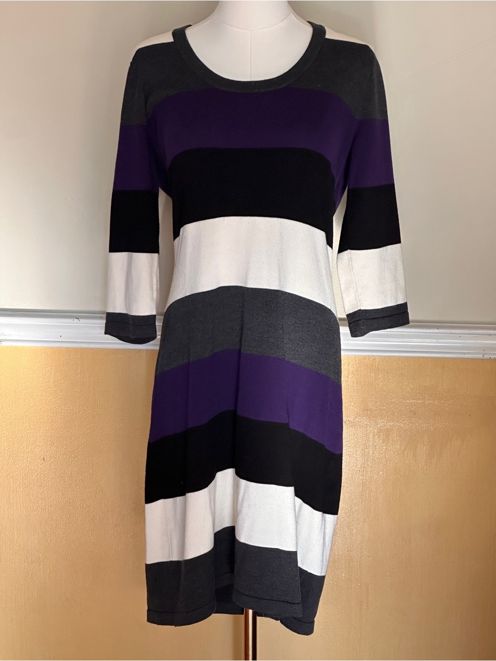 Calvin Klein Striped Long Sleeve Sweater Dress in Purple, Black & White